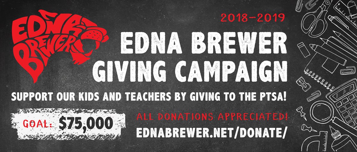 All contributions, small or large, are appreciated.  Our October goal is  for the number of participating families is to reach 100. Be the next  to get us there!  ednabrewer.net/donate/ 

Check donations are welcome &amp; can be dropped off at the PTSA lock box in the Main Office.
