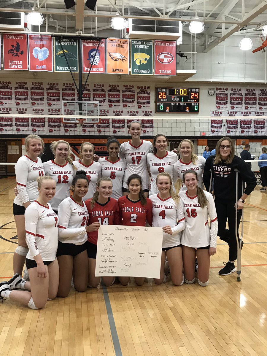 JasonWedgbury's tweet photo. Congrats to the @CedarFallsVB team on their MVC championship! And, after the best libero in the state gets injured, the greatest team leadership supported Emmy in the championship match! These girls are the best both on and off the court! #TigerPride https://t.co/v7Ondgx5ys