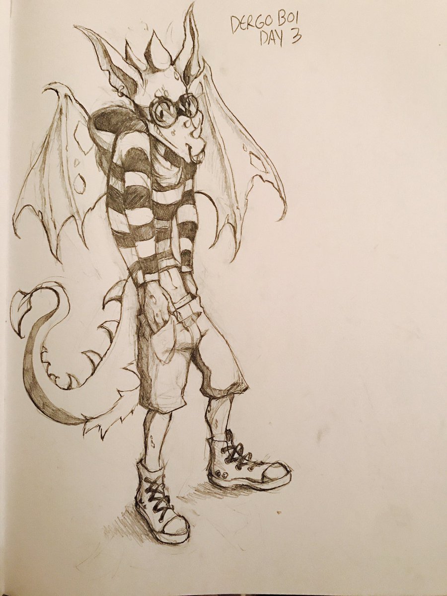 sketching_fox's tweet photo. Day 3 of daily character designs. This time we got a dergo boi. Ive never draw a dragon character fully before so this was fun despite flaws with the drawing itself. His name is Spiker. Wings are hard to draw. #dragon #dergo #derg #scalie #furry #stripes #wings https://t.co/bkFT8iihIT