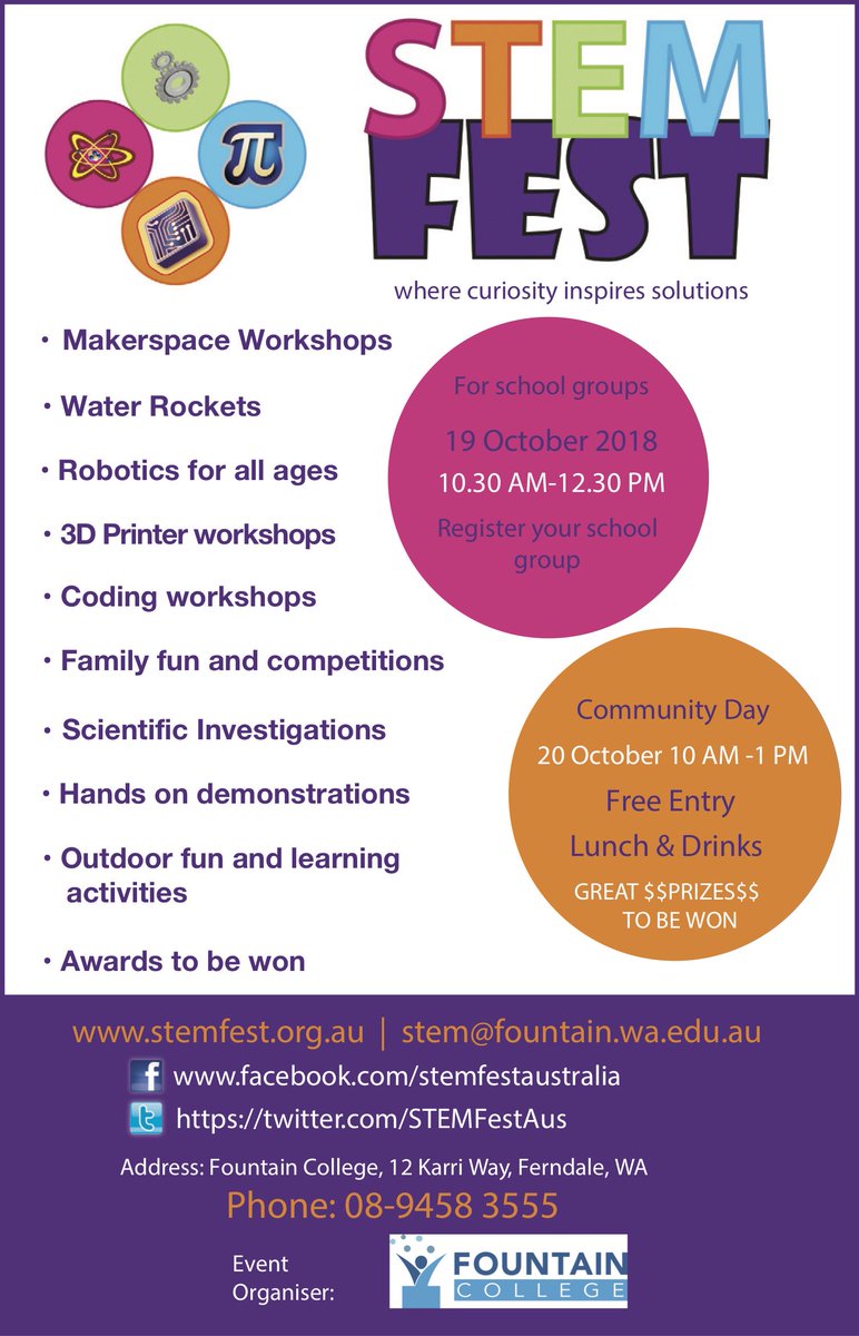 STEMFestAus's tweet image. @STEMFestAus 2018 is next Friday and Saturday at @Fountain_Perth. Do not miss this event with @CurtinUni STEM outreach and @MurdochUni outreach teams. #STEM, #STEMFest, #STEM2018, #StemChallenge, #Perth, #perthnews, #PrimarySTEMchat
