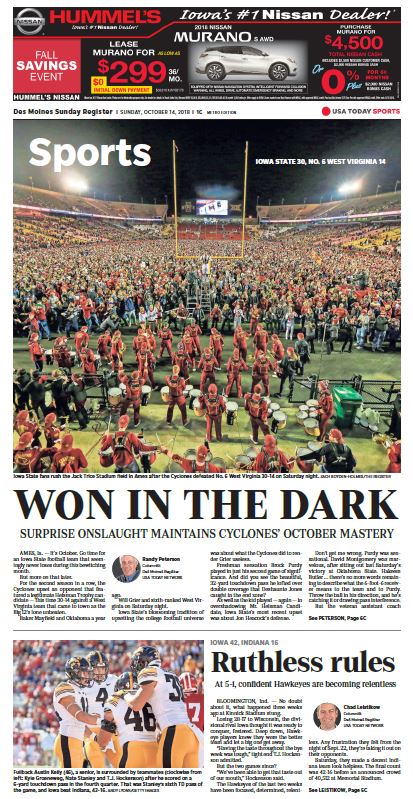 DMRCyclones's tweet photo. #WinInTheDark

For Iowa State, Saturday was a night to remember in Ames. Tomorrow's @DMRSports cover. https://t.co/LyjIzTzYuw https://t.co/UBSzoEZQ0K