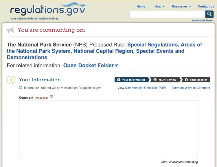 We have until Monday, 10/15, to submit public comments in response to Trump’s crack down on our First Amendment rights.

Take 30 seconds to submit a comment here opposing these restrictions. Our rights are on the line.
regulations.gov/comment?D=NPS-…