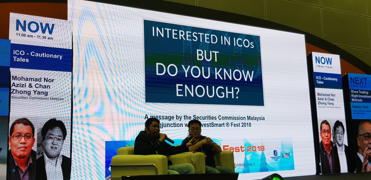 SecComMalaysia's tweet photo. @SecComMY's Mohamad Nor Azizi
and Chan Zhong Yang gives the 101 on Initial Coin Offerings and how to spot an #ICO #scam at #InvestSmartSC Fest 2018 #RunFromScams #ISF2018 #bijaklabur https://t.co/z03yRjRVsM
