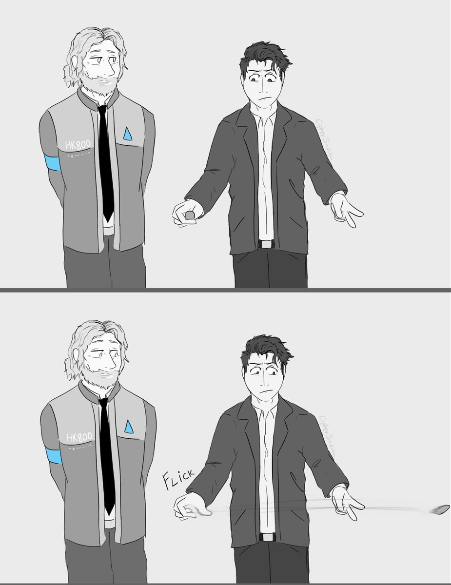 ciphersnail's tweet photo. I like the idea that instead of Hank taking the coin off of android Connor like in canon, Human Connor would just flat out lose Hanks coin

#dbh #DetriotBecomeHuman #reverseau #humanconnor #androidhank #connorandhank https://t.co/CdmT7uSxGt