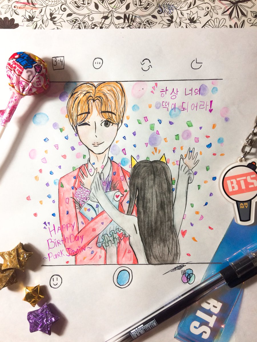 NinaTongsAnphi's tweet photo. @BTS_twt  Park Jimin Happy Birthday 🎉🎊🎁🎂 
Em đến muộn 1 ngày rồi!!! Nhưng mà em vẫn mong anh vẫn luôn mỉm cười và khỏe mạnh nhé! Ann là Thiên Thần của lòng ARMYvà nhớ giữ gìn sức khỏe!Đây là bài vẽ em tặng anh! #지민생일ㅊㅋ #HAPPYJIMINDAY #JiminBornToShine https://t.co/2H6SVl76GX