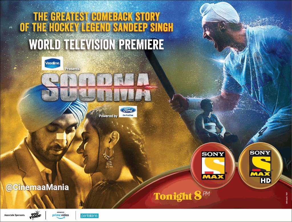 #Soorma World Television Premiere On <a href="/SonyMAX/">Sony MAX</a> Today at 8 PM

<a href="/diljitdosanjh/">DILJIT DOSANJH</a> <a href="/taapsee/">taapsee pannu</a>