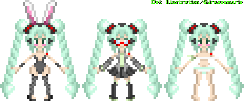 ドラマリ W ドット絵 三つ編み初音ミクちゃん3種類をカキコ ドット絵 Pixelart 初音ミク 初音ミク生誕祭18 バニーの日 メガネの日 パンツの日