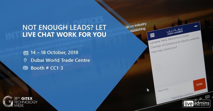 LiveAdmins's tweet photo. #LiveAdmins #livechat is the perfect #solution to your #business needs. Visit us at Booth # CC1-3 at #GITEX2018 to find out more. #ExperienceFutureUrbanism #TheLiveChatPeople #CustomerExperience #customerservice #leads #ROI #revenue #customerfeedback #sales https://t.co/lp0031kVsu