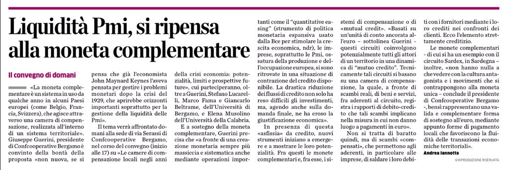 GiuseppeGuerin1's tweet photo. Domani pomeriggio, presso la sede di @confcoopbg vi aspettiamo per il primo dei due appuntamenti formativi organizzati col prof. #Beltrame @UniBergamo dedicati alle #monetecomplementari https://t.co/99azMcgQJk