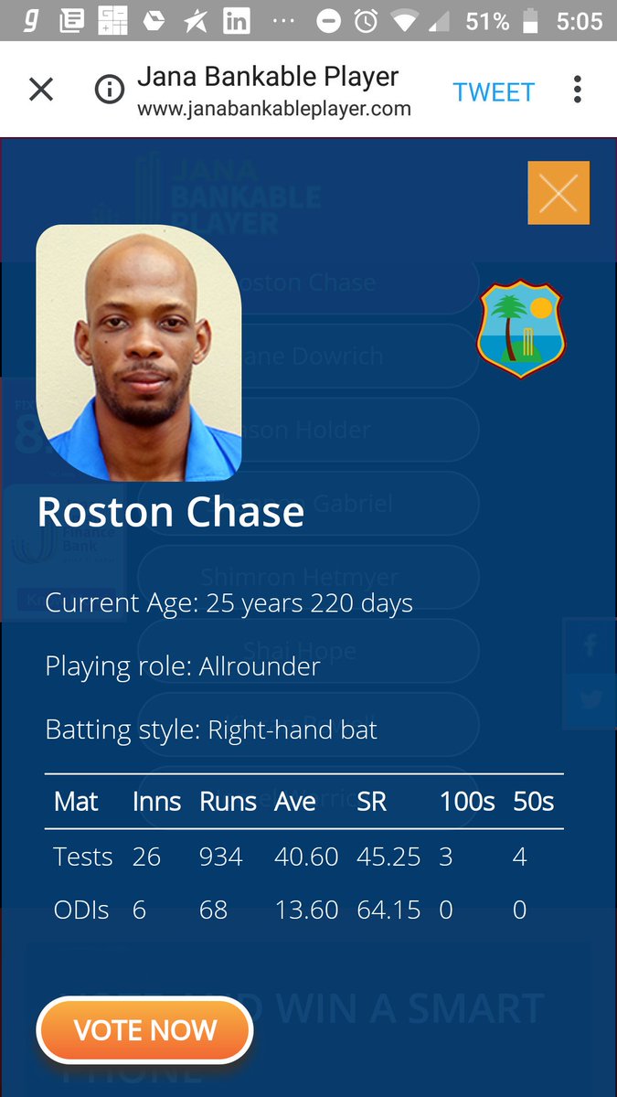iamKusum8's tweet photo. @janabankable Voted for roston chase 
Hope to win big #JanaBankablePlayer https://t.co/IgzmidprpO