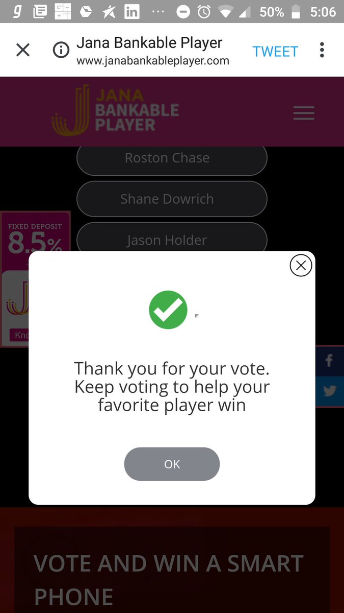 iamKusum8's tweet photo. @janabankable Voted for roston chase 
Hope to win big #JanaBankablePlayer https://t.co/y28DFKOwRz