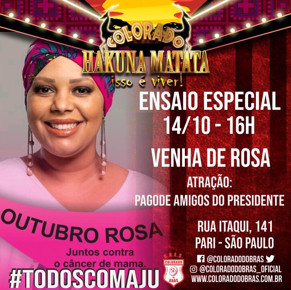 Hoje tem em! 
Alô família vermelho e branco!
Hoje teremos um ensaio especial.
💖Outubro rosa!
#todoscomaju

Venha de rosa e participe desse ensaio lindo!
Atração: 
Pagode Amigos Do Presidente.
Bateria Ritmo Responsa.

#OutubroRosa #Todoscomaju
#HakunaMatata #ColoradoDoBras 
💖