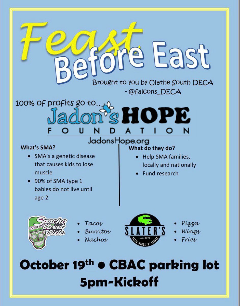 JadonsHope's tweet photo. We are proud to be partnering with Olathe South DECA @falcons_DECA for their service project. Join us Friday before the game (Olathe South vs Olathe East) and FEAST BEFORE EAST! https://t.co/p3BMpG9MTA