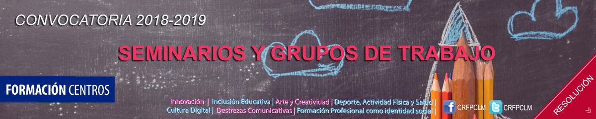CRFPCLM's tweet photo. Ultimos días: Convocatoria de Grupos de Trabajo y Seminarios, facilitando y propiciando la formación entre iguales y los procesos colaborativos entre centros educativos, así como su aplicación al aula, para el curso 2018/2019
@CRFPCLM @educajccm @gobjccm https://t.co/e2MWaMdAb6 https://t.co/NdWpgTfVMt