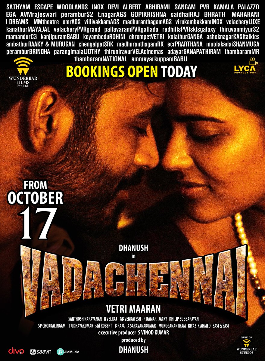 Wunderbar Films (@wunderbarfilms) on Twitter photo #VadaChennai - Bookings Open Now!
Releasing on October 17th.
<a href="/dhanushkraja/">Dhanush</a> @VetriMaaran <a href="/Music_Santhosh/">Santhosh Narayanan</a> <a href="/vinod_offl/">Vinod Kumar</a> <a href="/LycaProductions/">Lyca Productions</a> #VadaChennai - Bookings Open Now!
Releasing on October 17th.
<a href="/dhanushkraja/">Dhanush</a> @VetriMaaran <a href="/Music_Santhosh/">Santhosh Narayanan</a> <a href="/vinod_offl/">Vinod Kumar</a> <a href="/LycaProductions/">Lyca Productions</a>