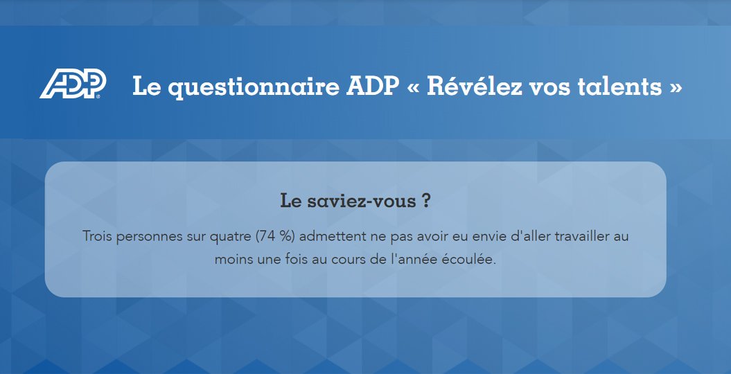 ADP_FR's tweet photo. Comment vivez-vous votre quotidien au travail ? Partagez votre expérience en prenant part à notre quiz, vous pourrez vous situer et obtenir des conseils pour améliorer votre #BienEtre.
⏱ 15 minutes
🔗 https://t.co/TCEUkUccVO https://t.co/MvJq6hXHPf