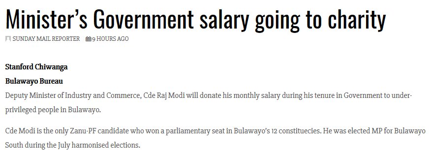 SwekwaMoyo's tweet photo. Minister @RModiByoSouth ’s Government salary going to charity. Well done Honorable May God  richly bless you for such a commendable gesture @SundayMailZim https://t.co/m8Wowv9uTM