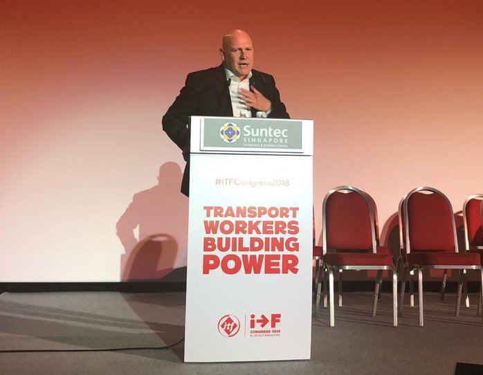 ITFCongress2018's tweet photo. #ITFCongress2018 re-elects Stephen Cotton as general secretary! Moving ahead with a vision for global organising.
Listen to his acceptance speech live on Facebook: https://t.co/nlP0Dp2jHD https://t.co/4VTMYBXr4g