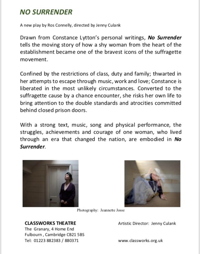 classworks83's tweet image. #Cambridge Junction today, Sunday 14 October, 7.30pm
CLASSWORKS THEATRE PRESENTS
A new play about the power of protest…
NO SURRENDER
by Ros Connelly, directed by Jenny Culank
junction.co.uk/no-surrender  
Box Office:  01223 511511   £14 (£10 concessions)
