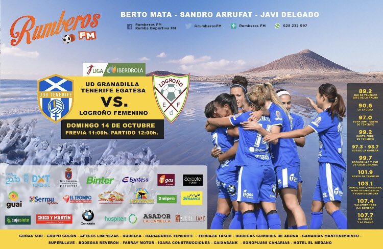⚽️ Vuelve la @L_Iberdrola2018 🗓🗓Hoy Domingo 14 de Octubre
⌚️Desde las 11.00 con la previa
@UDGTenerife - @EdfFemenino 
⏳La quinta jornada, se juega solo aquí! 
📻 Vente con nosotros 
🎙<a href="/mata_berto/">Berto Mata</a> 
🎙#JaviDelgado 

#FutbolQueEnamora #LigaIberdrola 
#somosguerreras #RumberosFM