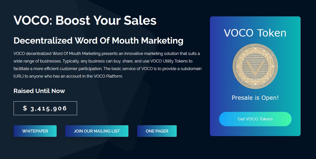 ww.vocotoken.com  
 
The basic and most powerful usage of the VOCO platform is web hosting with a built-in Chat. And can supply a subdomain (URL) with each an every registered account. 

Build your future and others with one click!   

$ 3,415,906 Raised Until Now