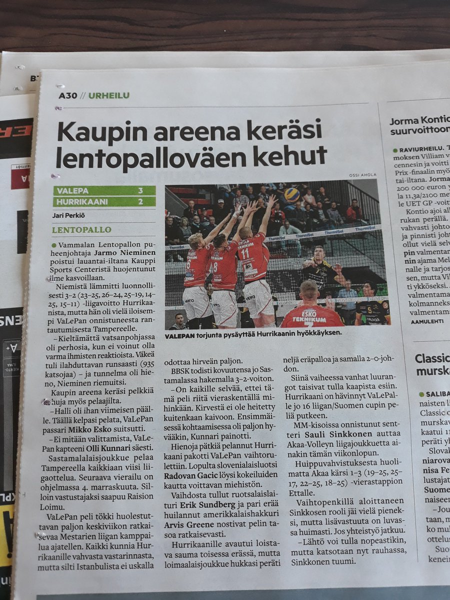 KauppiCenter's tweet photo. Aamulehdessä juttua eilisestä VaLePan pelistä Kauppi Sports Centerissä! Seuraavan kerran lentopalloa tarjolla Kauppi Sports Centerissä 4.11. #kauppisportscenter #ksc #tampere #sastamala #yhdessä #lentopallo #valepa #aamulehti https://t.co/wLs8ETa5QD