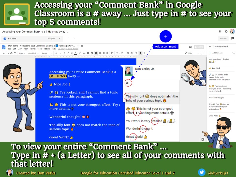 DonYTechGuy's tweet photo. 👋@ShakeUpLearning @jmattmiller @GTeacherTribe @JakeMillerTech #GTTribe  Did you know💡? ... That in #GoogleClassroom you can view 👀 your entire “Comment Bank” by typing in # + (a Letter) to see all of your comments ✍ with that letter! Check out my Infocard below ... https://t.co/ELKeBwj2Oy