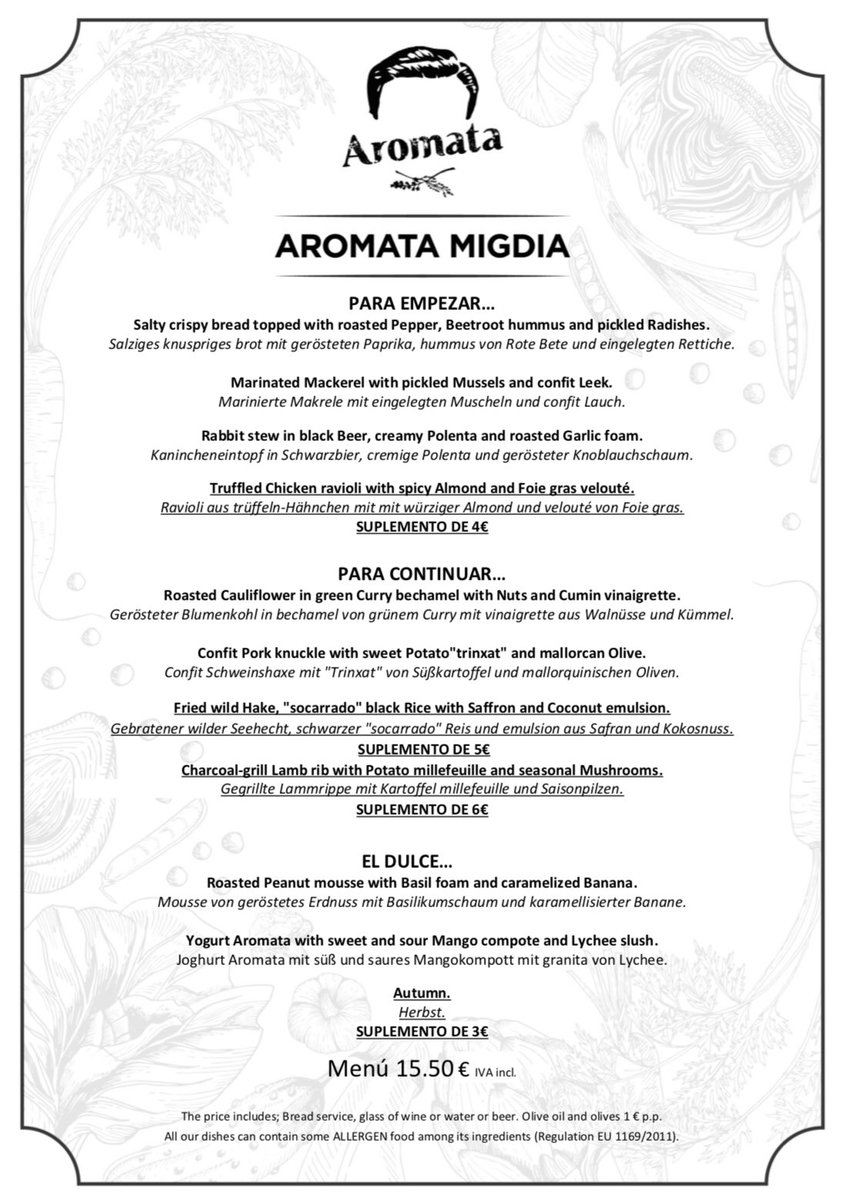 New weekday #lunchtime #menu. Reserve your table by phone 971495833 or through our webpage aromatarestaurant.com
Sunday and Monday 🔒close. #Aromata by <a href="/AndreuGenestra/">𝗔𝗻𝗱𝗿𝗲𝘂 𝗚𝗲𝗻𝗲𝘀𝘁𝗿𝗮</a>