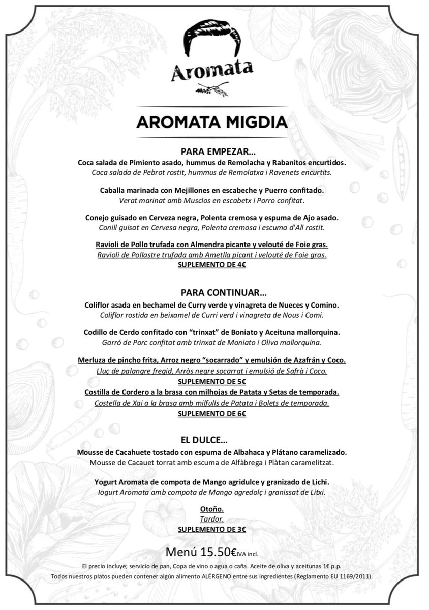 Recién salido del horno! Nuevo #menú de mediodía. #Reserva tu mesa por teléfono 971495833 o través de nuestra web aromatarestaurant.com
Domingos y lunes 🔒cerrado. #Aromata by <a href="/AndreuGenestra/">𝗔𝗻𝗱𝗿𝗲𝘂 𝗚𝗲𝗻𝗲𝘀𝘁𝗿𝗮</a>