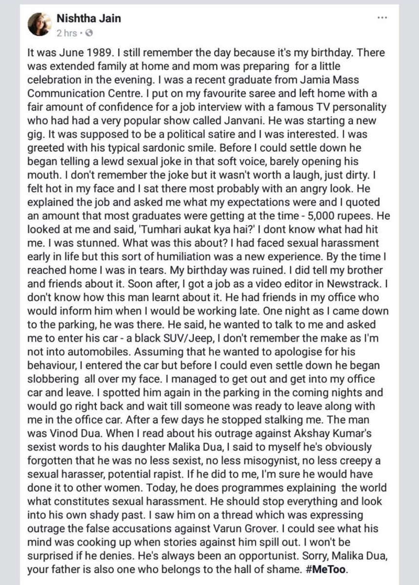 AdityaRajKaul's tweet image. Shocked to read this account of sexual harassment against Vinod Dua. Pillars are clearly falling and how! #MeToo