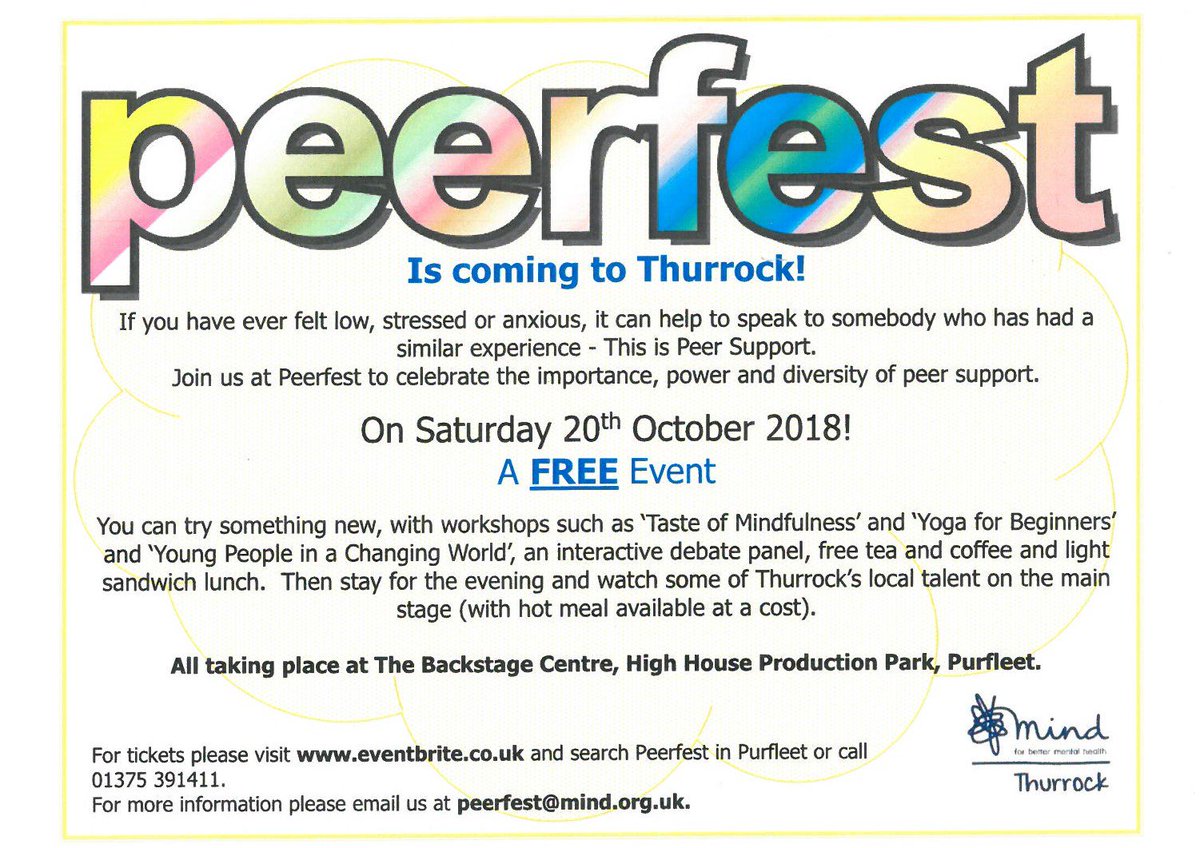 PEERFEST 18 a free national event that will be held at the Backstage Centre on 20th October. celebrating the importance, power and diversity of peer support. You will need to register for tickets @purfleetcf