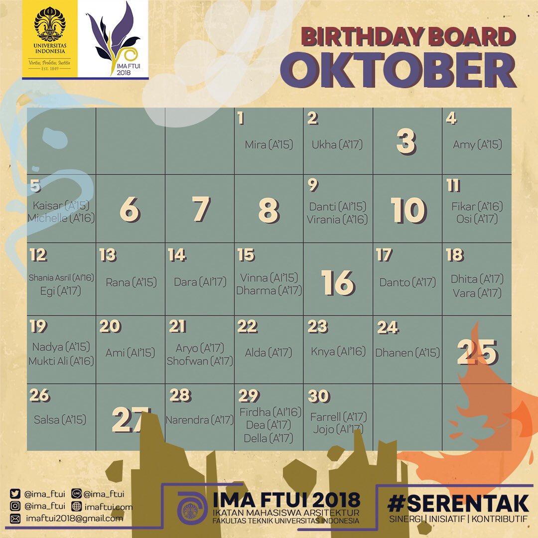 Pagi arsitek!
Segenap pengurus IMA FTUI 2018 mengucapkan selamat ulang tahun bagi warga yang berulang tahun pada bulan Oktober!

#SERENTAK