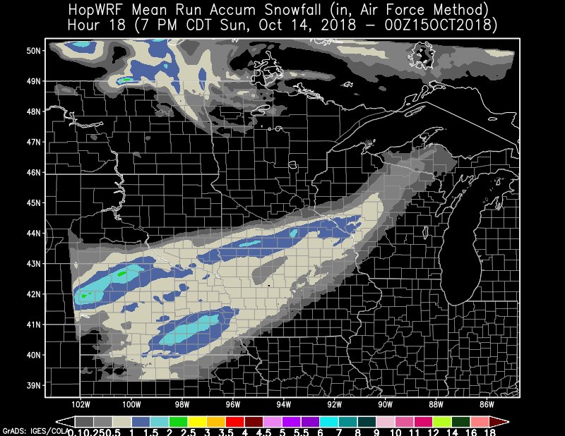 HopWRF's tweet photo. Yes, this is our first post about snow for the season! Some areas of southern Minnesota, northern Iowa, Southeastern South Dakota and Nebraska could see up to two inches of snow this morning into the early afternoon per the 6Z ensemble... #mnwx #iawx #newx #sdwx https://t.co/LbaFShn0qN