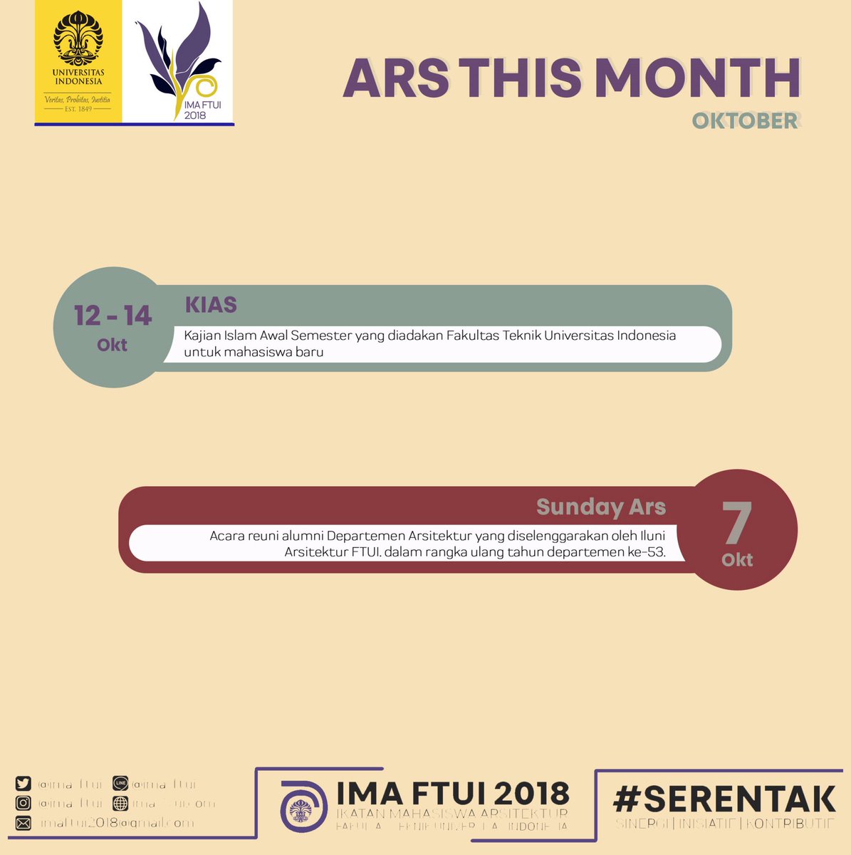 Pagi Arsitek!
Ingin tahu proker atau kegiatan apa saja yang terjadi di bulan September?
Yuk cek di Ars This Month : Oktober

#SERENTAK