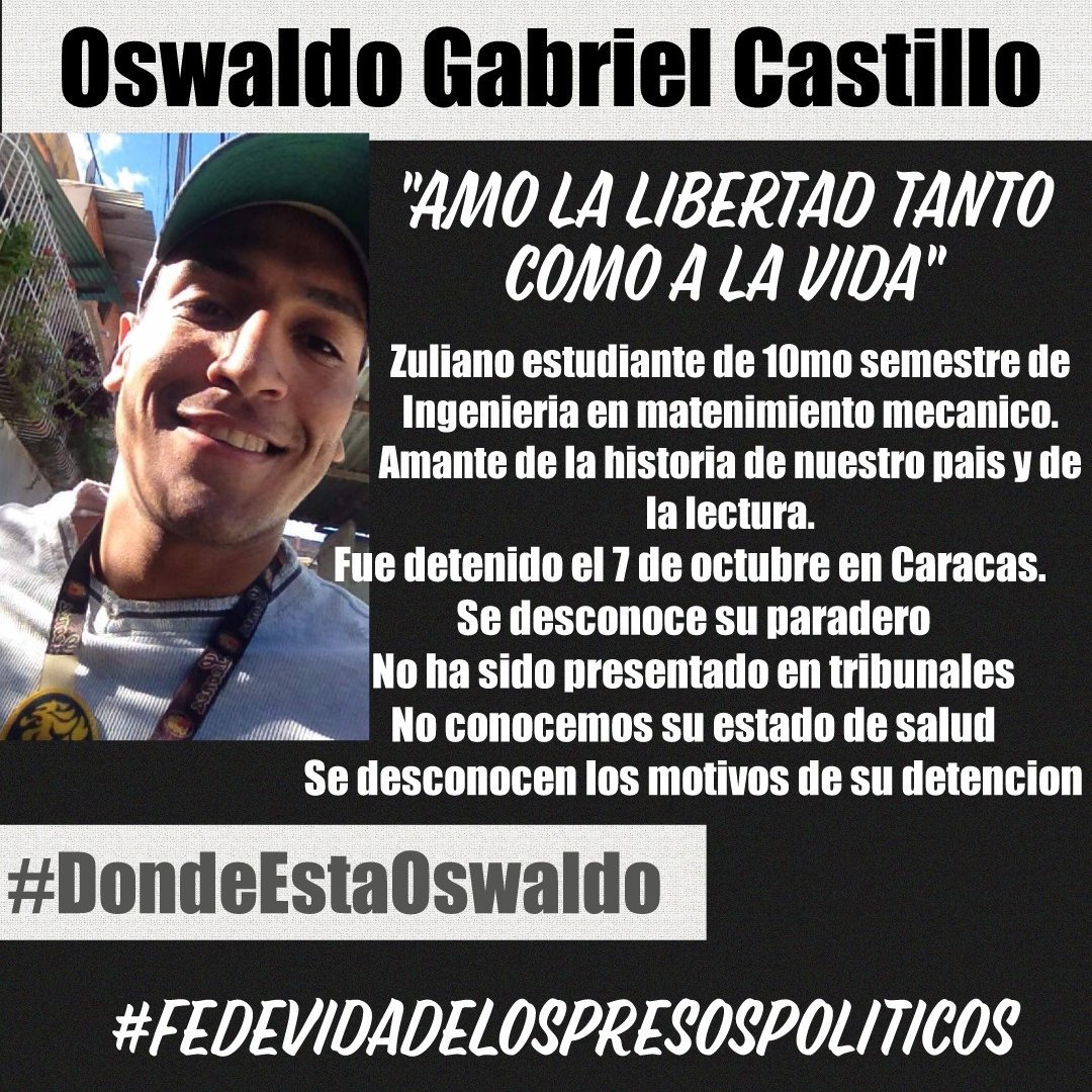 GabrielaCalvoo's tweet image. Es un acto criminal, mantener en estado de angustia a los familiares  de Oswaldo Castillo, negar la fe de vida es un acto cruel vejatorio de todo Derecho Humano fundamental. #DondeEstanOswaldoYWilder #14Oct