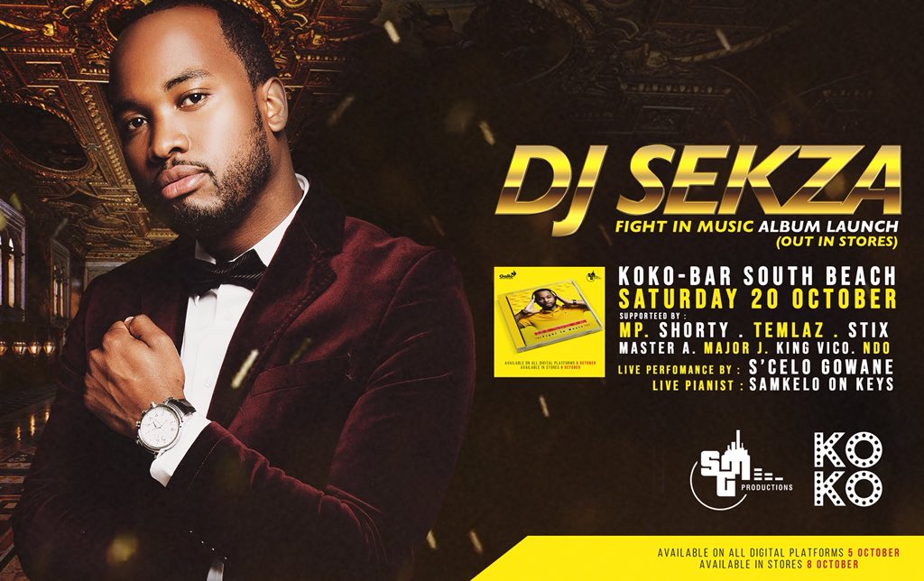 SekzaSA's tweet photo. 1st Album Launch October 20 Saturday Catch me  at KOKO’ Bar Dbn this coming Sat’ DJ Sekza ALBUM Launch Album On Digital Platforms and Music Stores #FightInMusic2018Album🇿🇦 Yellow Team 🚸🚸🚸🚸🚸🚸🚸🚸🚸 @SMGProd1 @GalloRecordsSA https://t.co/ih74JREKtJ
