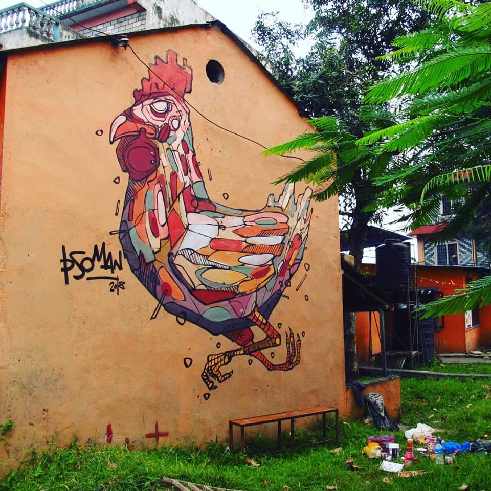 Ami_01's tweet image. Artist: #psoman - bit.ly/2IOeK0S "Rooster" - City: #pokhara , #Nepal #streetart #urbanart