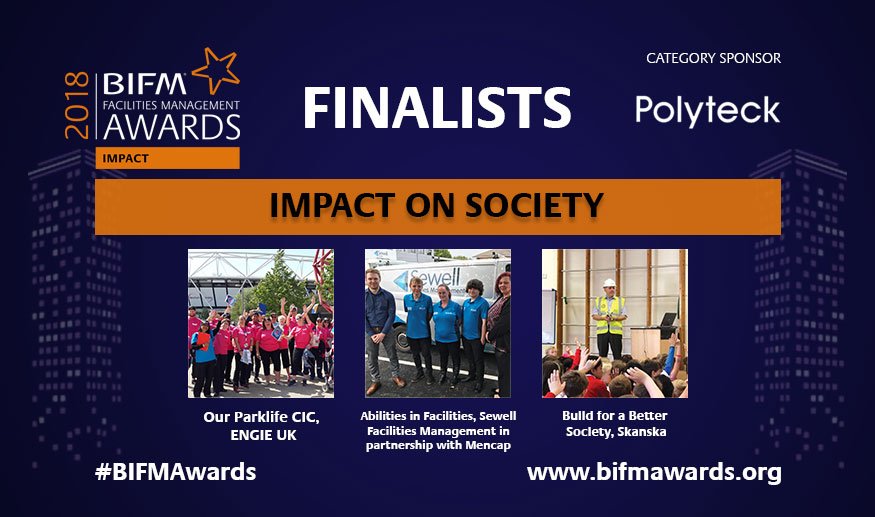 Good luck <a href="/OurParklifeCIC/">Our Parklife</a> @Sewell_FM <a href="/SkanskaUKplc/">Skanska UK</a> our Impact on Society finalists sponsored by <a href="/PolyteckGroup/">Polyteck Group</a>  Tune into #BIFMAwards tomorrow to see who wins.