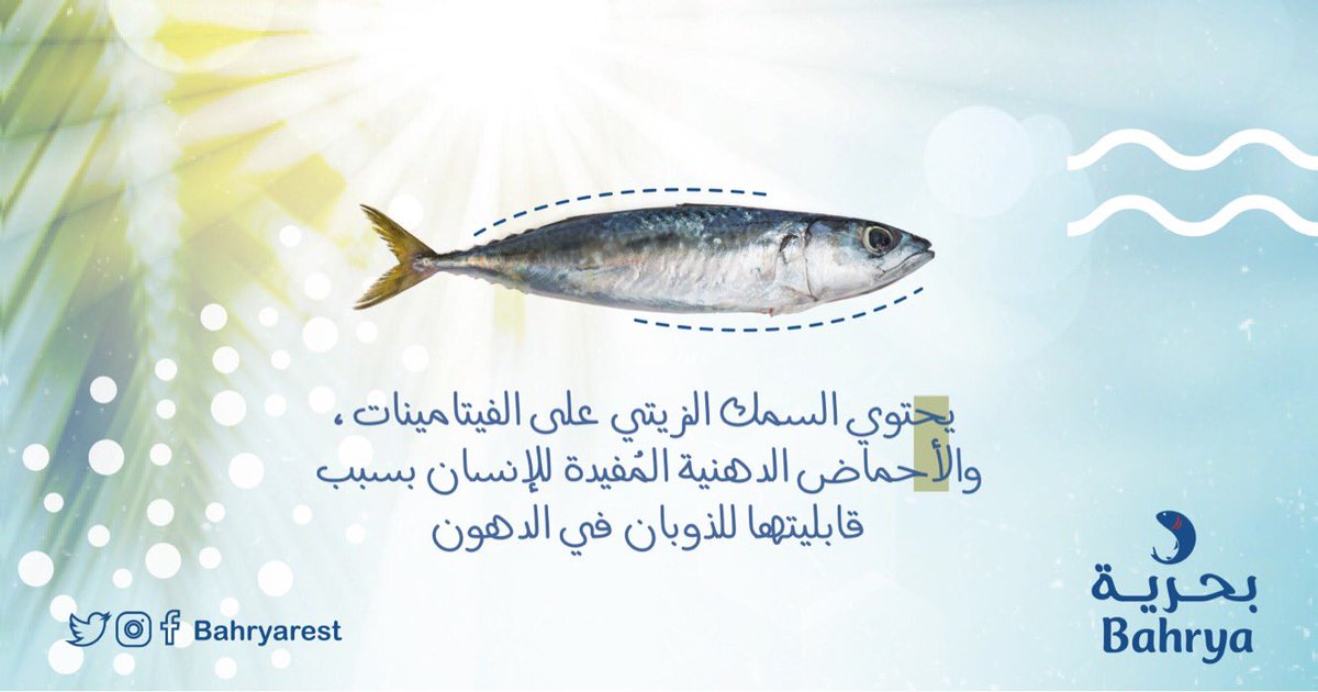 bahryarest's tweet image. يحتوي #السمك الزيتي على الفيتامينات، والأحماض الدهنية المُفيدة للإنسان 
بسبب قابليتها للذوبان في الدهون

 #بحرية