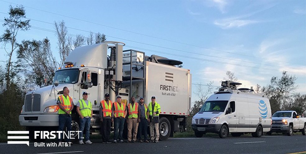 FirstNet's tweet photo. We've been on scene with COLTs and FirstNet Ready devices supporting FL and GA agencies responding to #HurricaneMichael. Learn more about the recovery efforts: https://t.co/nJJbKwCCHN https://t.co/OZejA94UU4