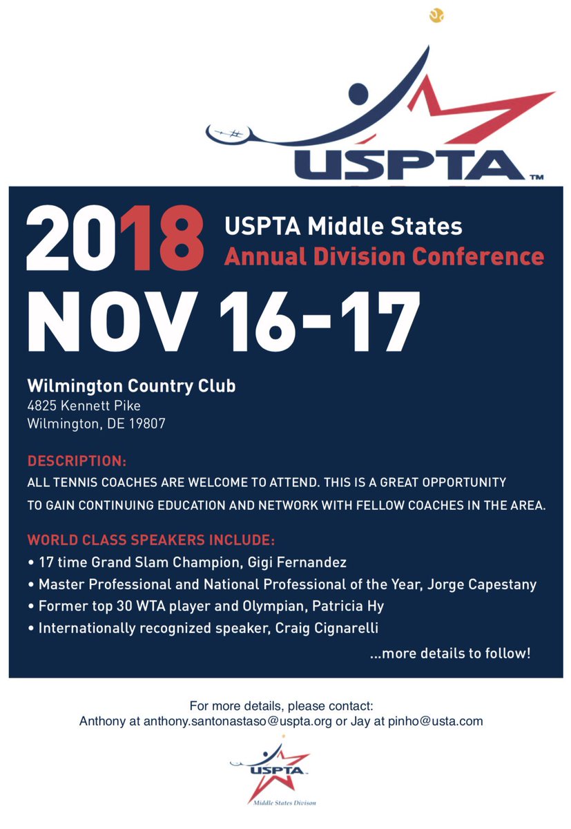 USPTA_MS's tweet photo. #USPTAMSConf18 Nov 16-17, Wilmington Country Club, Wilmington, DE. Register Today! https://t.co/lD4li10FGo

#usptapro #USPTA #tenniscoach #tennispro #ustamiddlestates #usptamiddlestates #USPTAMSConf18 https://t.co/bwH0G4qmXi