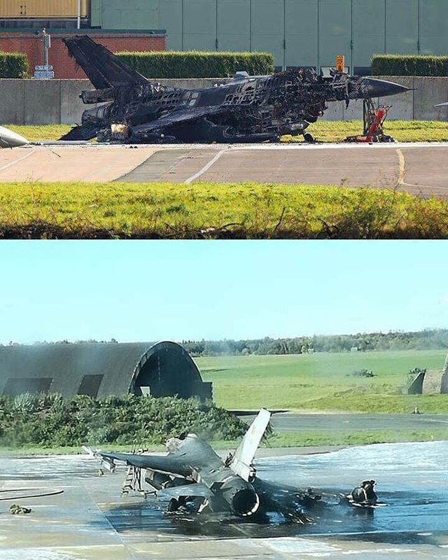 ATSBUpdates's tweet image. On 11th October at 1410L, a technician was working on an F-16 at Florennes Air Base when he accidentally activated the six-barrel 20mm Vulcan M61A-1 cannon causing serious damage to another F-16AM (FA-128) that was parked in front. Full of fuel, the second F-16AM exploded and da