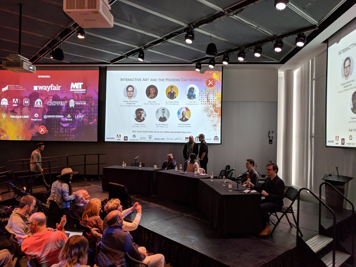 Nerdwiththehat's tweet image. Good morning! @MITHackingArts continues with Interactive Art and the Modern Day World on the main stage - but first, important back rubs. #HackingArts2018