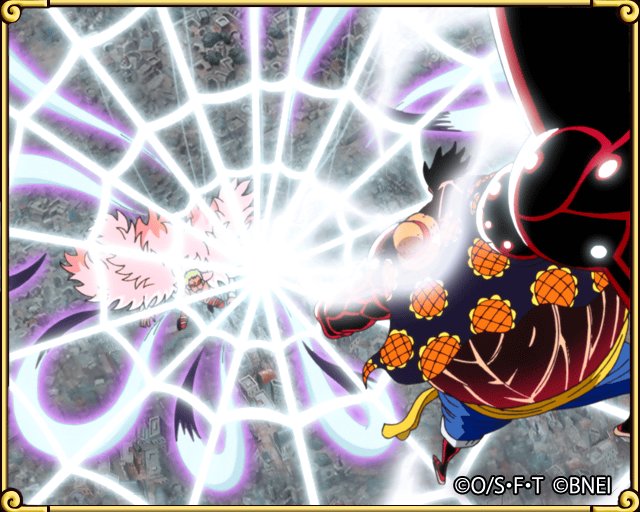 KimAoy's tweet photo. 映像電伝虫を捕まえました！
麦わらのルフィと「王下七武海」ドフラミンゴの最終対決！
「ゴムゴムのォ…！！！　大猿王銃！！！！」
「16発の聖なる凶弾…！！！　神誅殺！！！」
https://t.co/Y6h6xcKMI3　#トレクル https://t.co/VObktBuLim