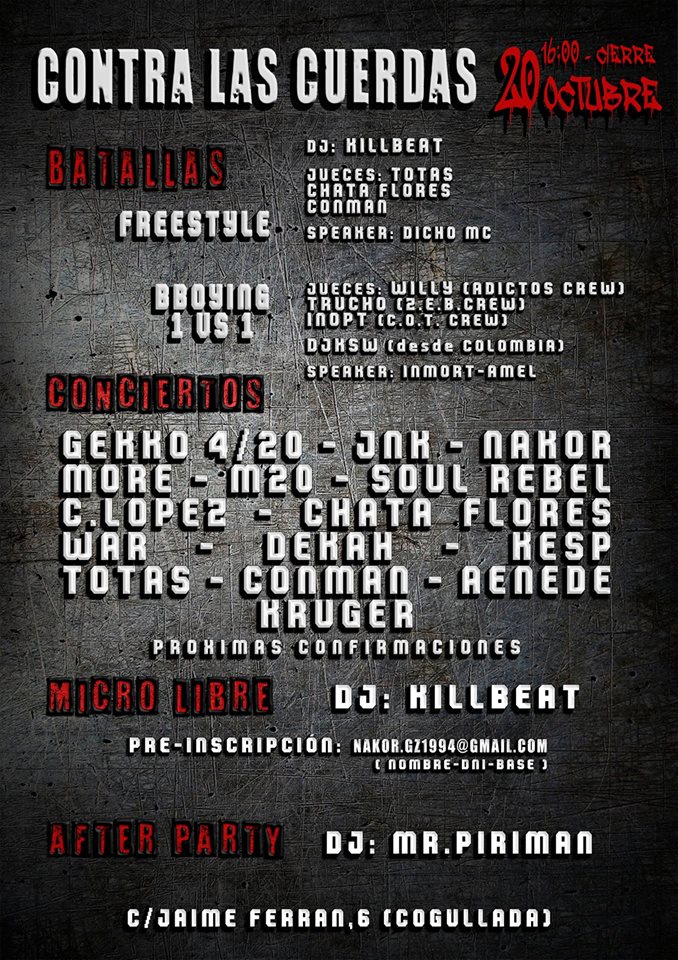 El 20 de Octubre, en el Gimnasio López Bueno (Polígono de Cogullada, junto al barrio de La Jota, Zaragoza) esteré actuando junto a Chata Flores, Mr. Piriman a los controles y un montón de artistas más. ¡¡Estáis invitados!!