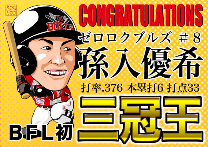 BFLのタイトルが発表。孫入選手が打撃３冠！上村選手が２年連続盗塁王！おめでとうございます。＃06ブルズ＃BFL 