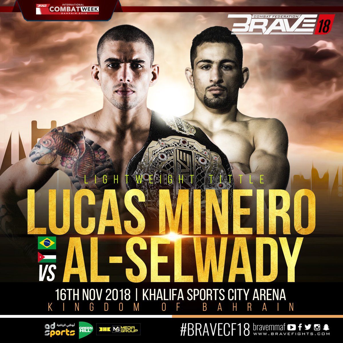 bravemmaf's tweet photo. It can't get any bigger than that! The Lightweight title is on the line at the main event of Brave 18. The interim champion and dangerous striker @LucasMineiroMMA will meet the explosive Al-Selwady from Jordan.
Expect fireworks from this one! 💥
Who you got?
#Mineiro #Selwady https://t.co/qJLRAGKYPL