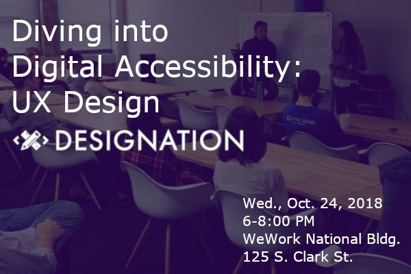 One week from today - "Diving into Digital Accessibility: UX Design" with <a href="/designationio/">Designation</a>,  Wednesday, October 24th.

meetup.com/a11ychi/events…

#Accessibility #UX #UserExperience #A11Y #ChicagoTech