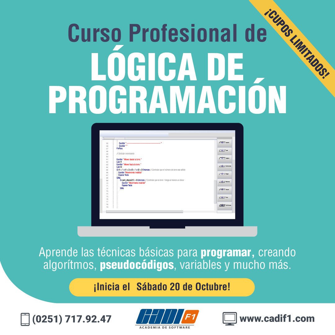 CADIF1's tweet image. ¡ATENCIÓN! Reserva tu cupo en nuestro curso de Lógica de Programación nivel I, que inicia el Sábado 20 de este mes. ¡ÚLTIMOS CUPOS!
Para más información, visita: cadif1.com
#CADIF1 #LógicaDeProgramación #YoProgramo #CursosBarquisimeto