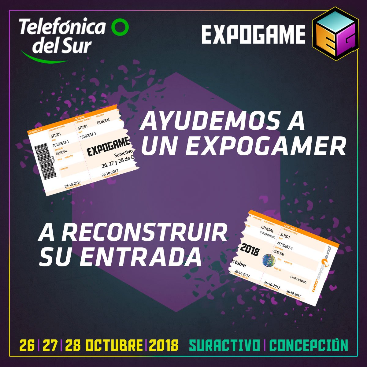 1.- Comparte una imagen etiquetando a <a href="/expogamechile/">Expogame</a> y cuéntanos cómo podría uno de nuestros Expogamers reconstruir su entrada rota. 2.- Utiliza los hashtags #expogame2018 #concursoexpogame y síguenos. 3.- La respuesta más creativa se llevará un abono VIP Domingo